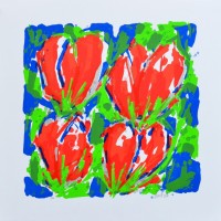 'Vier Felrode Tulpen in Blauw-Groen'